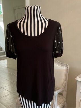 DKNY Women’s Black Short Sleeve Top with Star Mesh Sleeves
